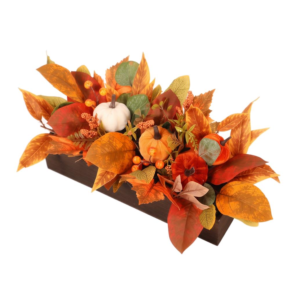 Artificial Potted Plant with Pumpkin and Maple Leaves for Thanksgiving Home Decor