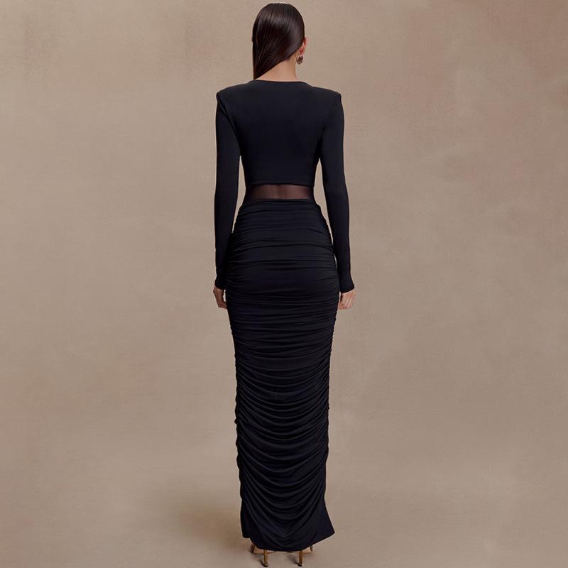 European Style 2025 Winter Deep V-neck Ruched Hollow-out Hip-hugging Dress for Women