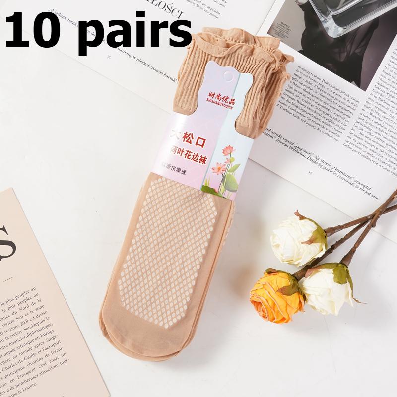 

10 пар дешевых оптовых свободных чулок с оборками, женские носки средней длины, тонкие чулки для весны и лета, женские дышащие и нескользящие носки со стразами 10 pairs светло-бежевый