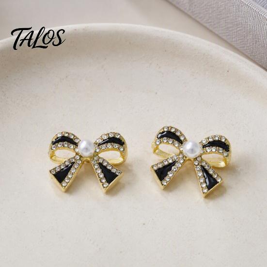 Sophisticated Gift for Her 1 Pair Sparkly Rhinestone Bow Knot Stud Earrings Women, Faux Pearl Chic Office Wear Jewelry Ribbon Earrings, Statement