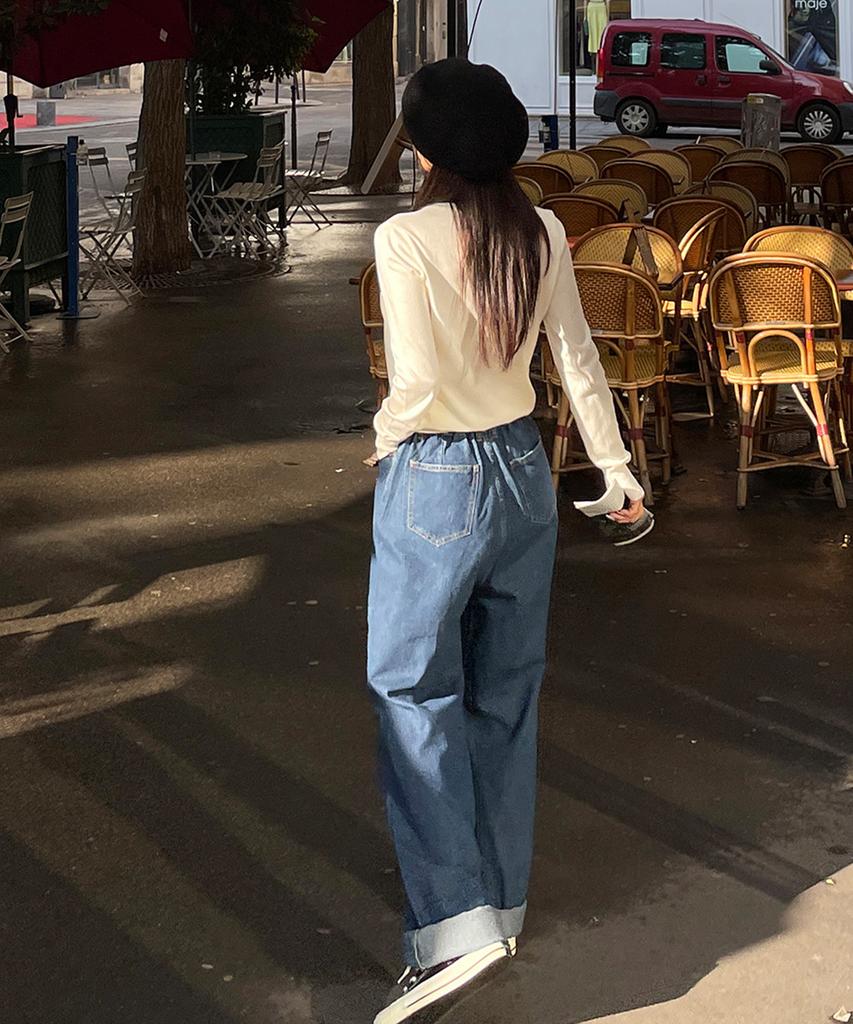 Ppaeppae Big Size Elastic Waist Long Wide Denim Pants