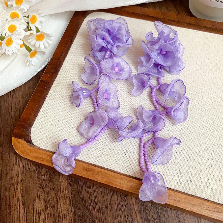 Silver needle fabric rice bead chiffon flower beaded fringed earrings super fairy sweet temperament stud earrings niche design earrings