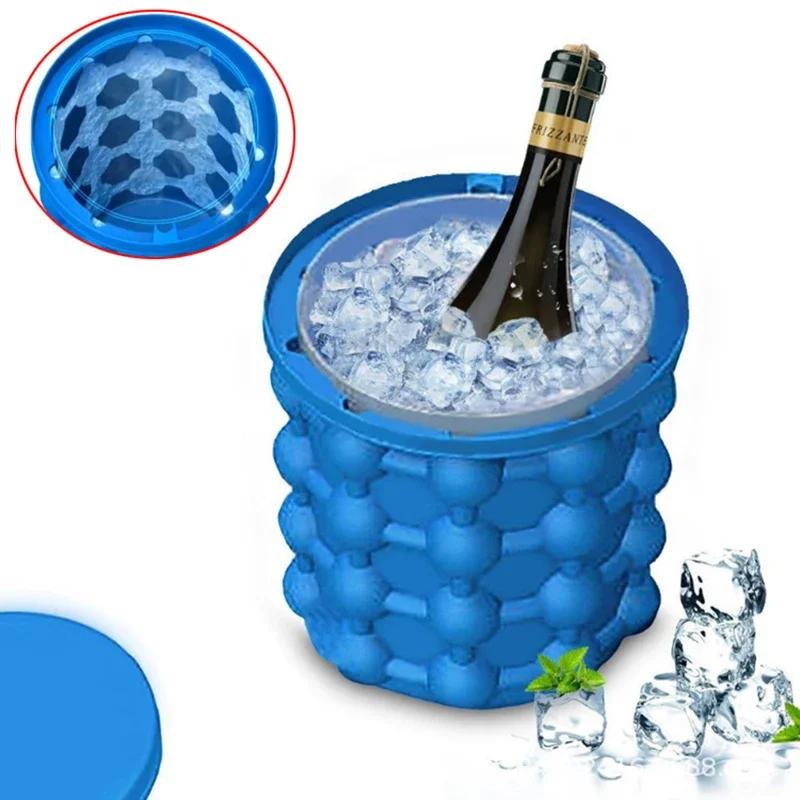 Portable 2 In 1 Large Silicone Ice Bucket Mold with Lid Space Saving Cube Maker Tools for Kitchen Party Barware