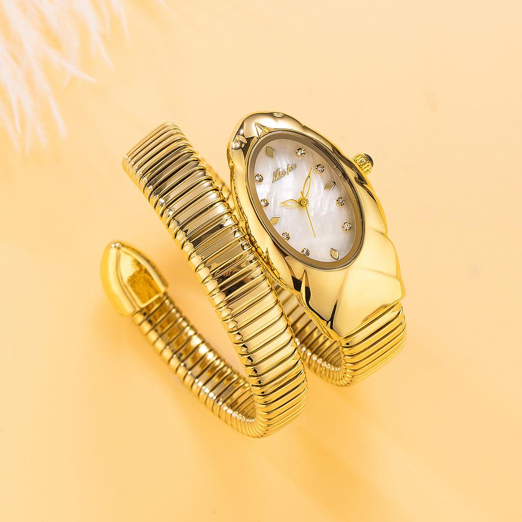 MISSFOX Women Snake Watch Bracelet Stainless Steel Fashion Gold Ladies Watches Clock Luxury Ladies Wristwatches Waterproof Watches