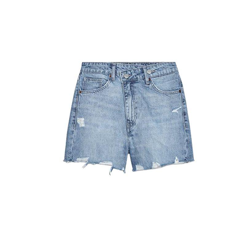 Summer Women's Clothing Asymmetric Design Perforated Hole Decoration Loose Plaid High Waist Denim Shorts 4060006