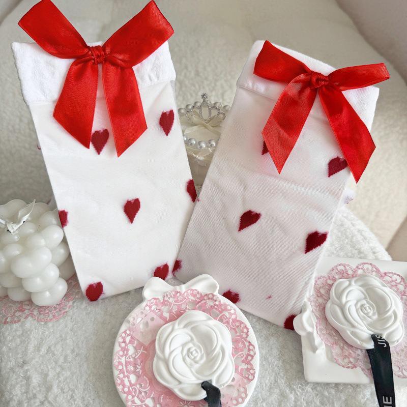 Sweetheart Red Bow Thigh-High Socks: Ultra-Thin, Cute Over-the-Knee for Women