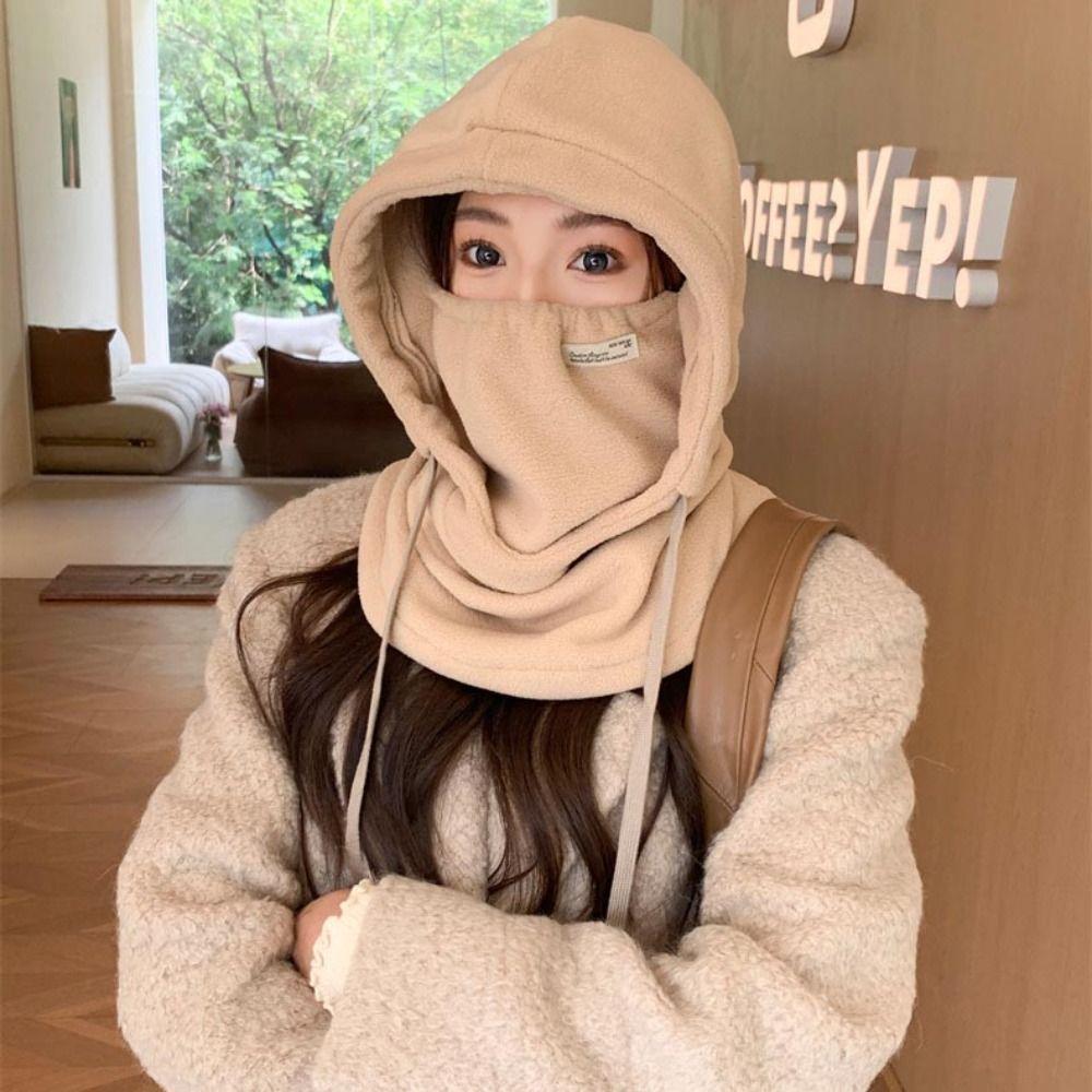 Solid Color Masks Hood Beanies Soft Pullover Cap Comfortable Women Fleece Hat with Mask Outdoor