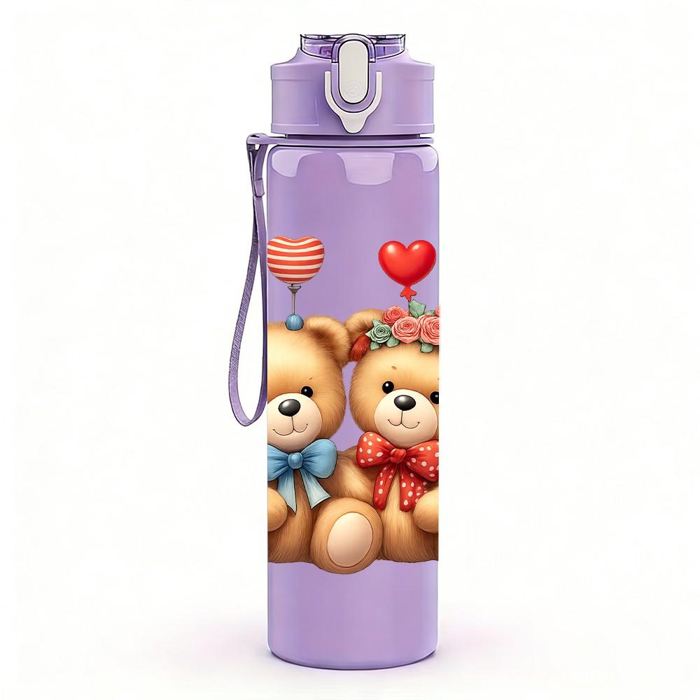 1PC Twin Love Teddy Bears 750ml Color Plastic Sports Water Bottle Leakproof Flip Straw Lid Suitable for Sports Office Home Use