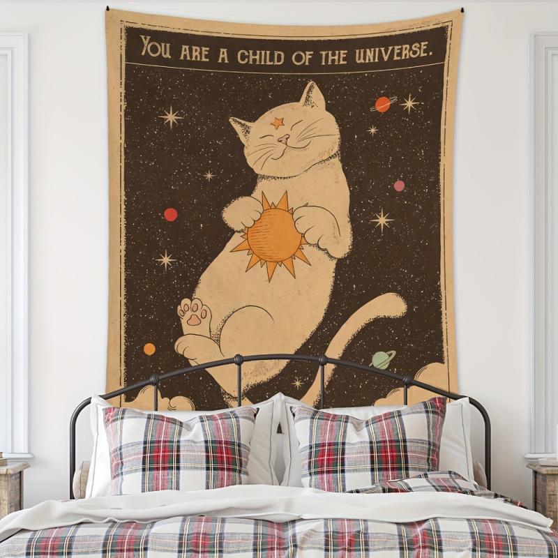 VIKAMA Universe Sun Cat Tapestry Retro Healing Decorative Cloth Bedroom Bedhead Study Room Decoration