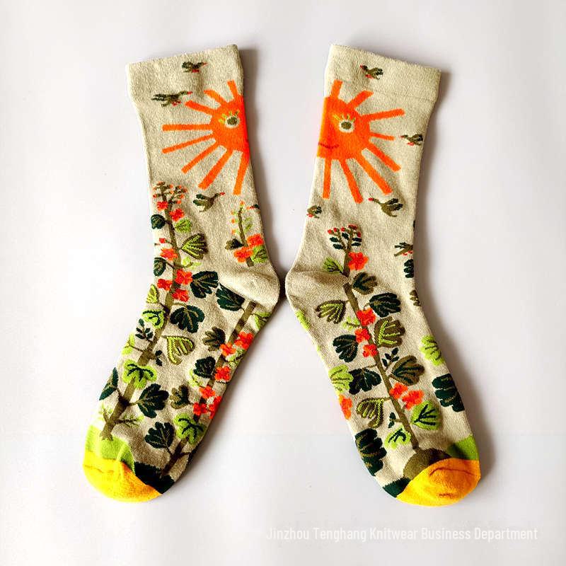 

Модные французские носки с масляной живописью: Красочные, средней высоты, нишевые женские модные носки до щиколотки One Size