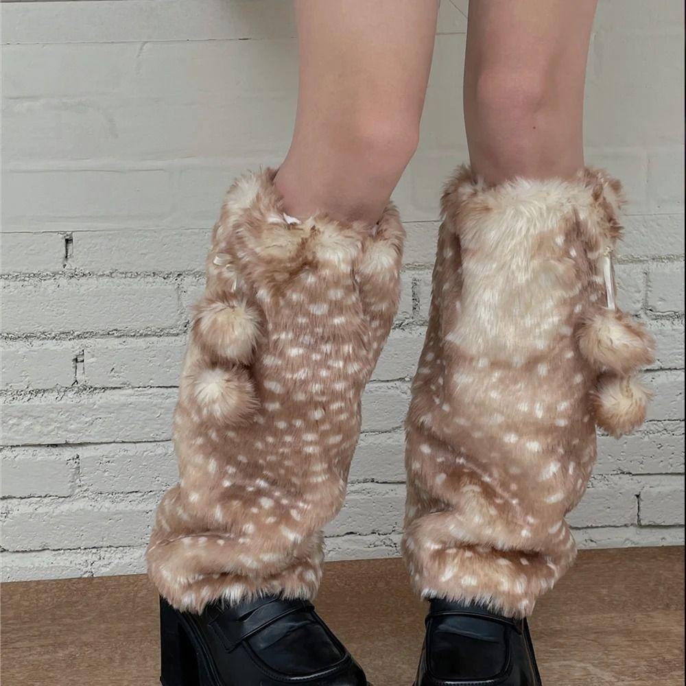 Faux Fur Plush Lace Winter Hat Leg Warmers Ear Protection New Reindeer Furry Boots Socks Cover