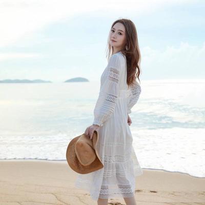 Robe Blanche Française à Col V et Taille Définie à Manches Longues pour Femme - Style Vacances d'Été à la Plage