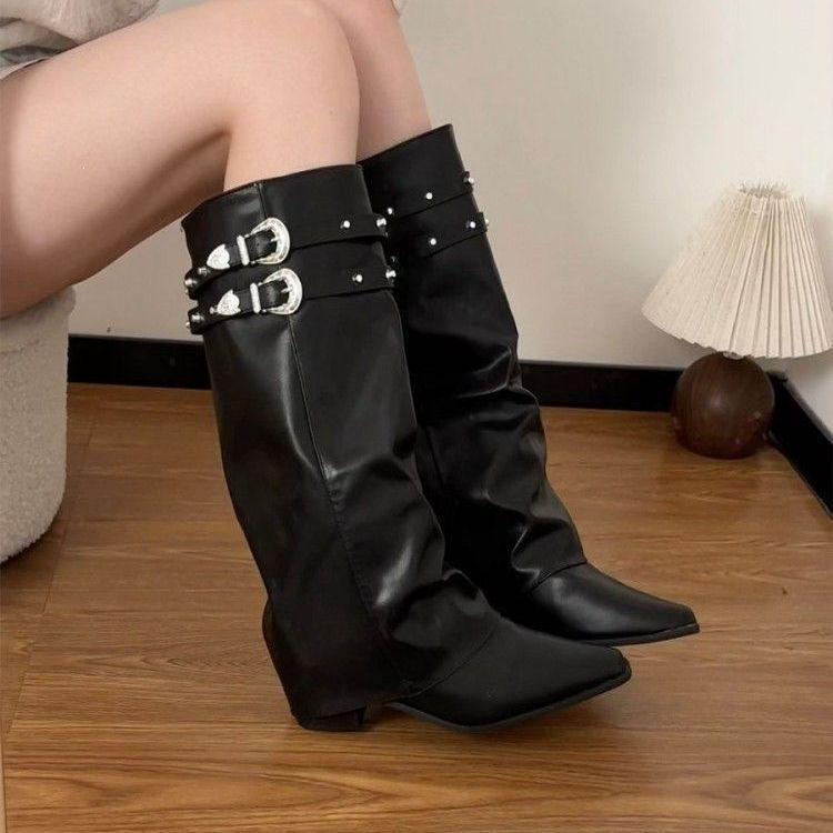 Soft leather stacked pointed thick heel boots new double row rivet buckle western knight boots fashionable women