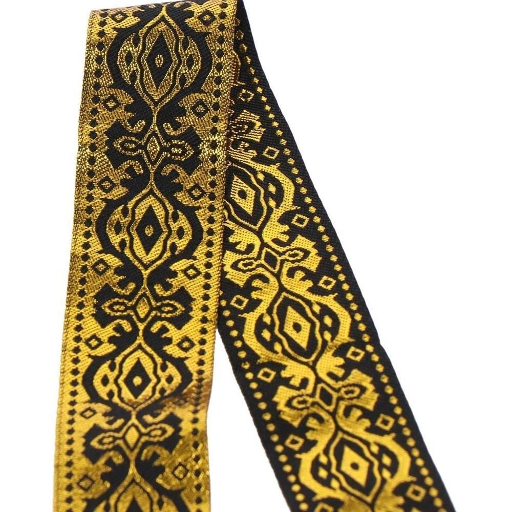1.3 Inch Wide Jacquard Woven Fabric Ribbon White Black Gold Fringe Trim Ethnic Boho Floral Fabric Trim Flat Gold