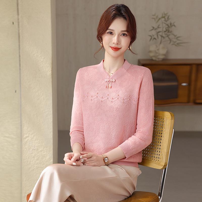 

Women s 2026 Stylish Embroidered Knit Sweater - Mom s Spring Chinese-Inspired Layer for Mid-Aged & Elderly 3XL (Recommended for 125-140 lbs) рожевий