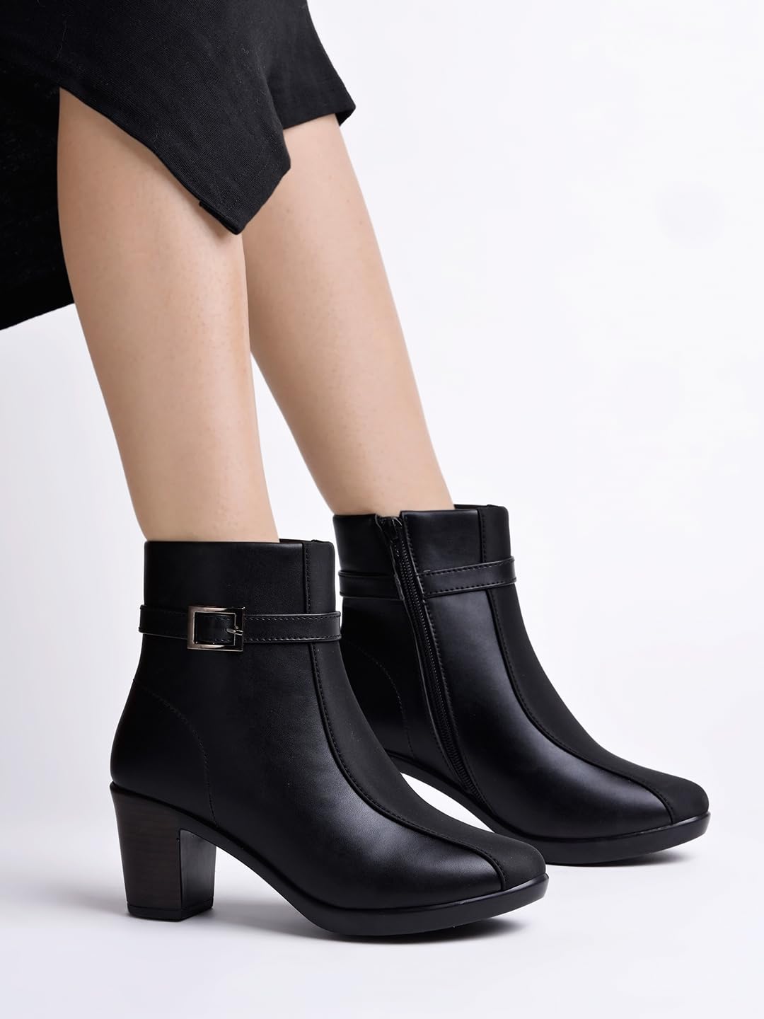 Shoetopia Женские короткие ботильоны на массивном каблуке с нескользящей подошвой, удобные модные ботильоны на щиколотку | Мягкая амортизирующая подошва | Для повседневной носки, вечеринок и зимы EU41 : 24CM чёрный