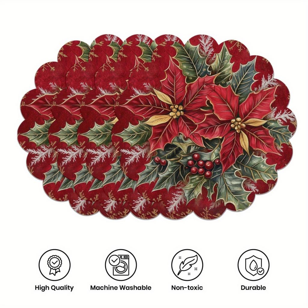 Christmas Themed Exquisite Printed Wavy Placemats, Red Berries, and Golden Pine Branch Patterns, Non-slip, Heat-resistant, Suitable for Holiday Table