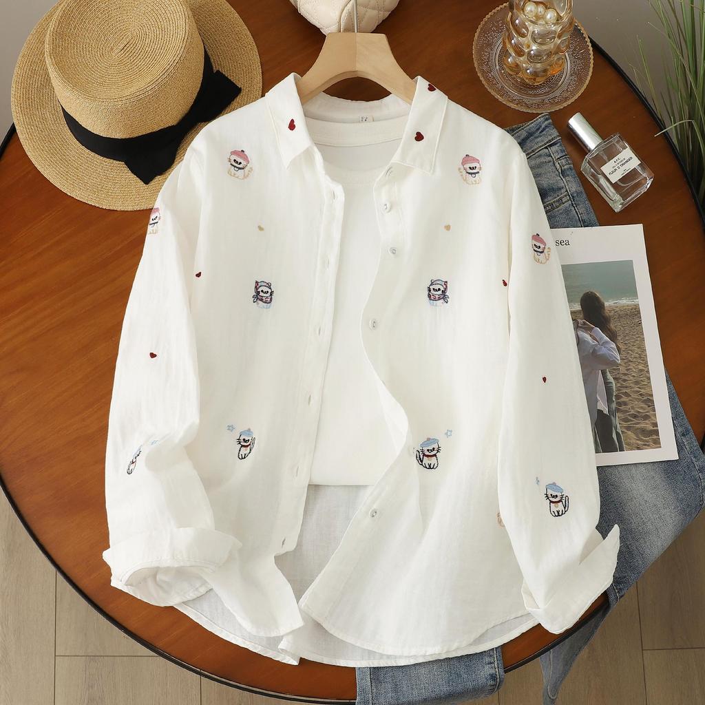 Women's Artistic Cartoon Embroidery Cotton Gauze Long Sleeve Shirt - Fresh & Soft Skin-Friendly Top