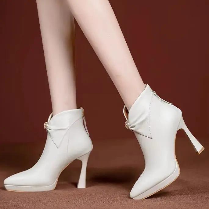 Fashion Pointed Toe Stiletto Heel Sexy Boots Platform Back Zipper Ankle Boots Women Fashion Crystal Short Boots Winter Comfort Shoes