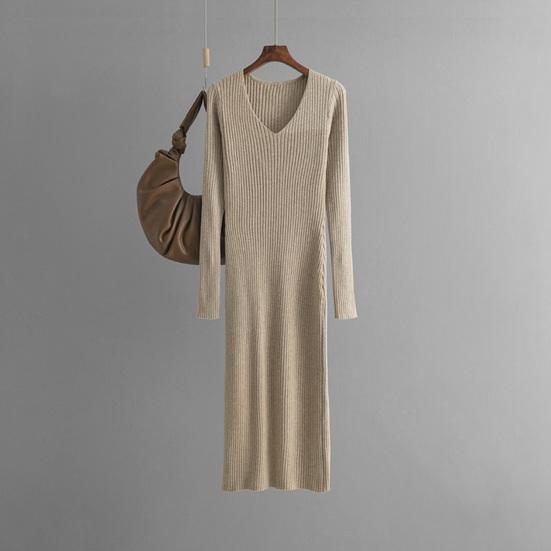 Women's Sweater Dress Fall Long Sleeve V Neck Ribbed Knit Split Long Dress Casual Bodycon Slim Fit Midi Dress