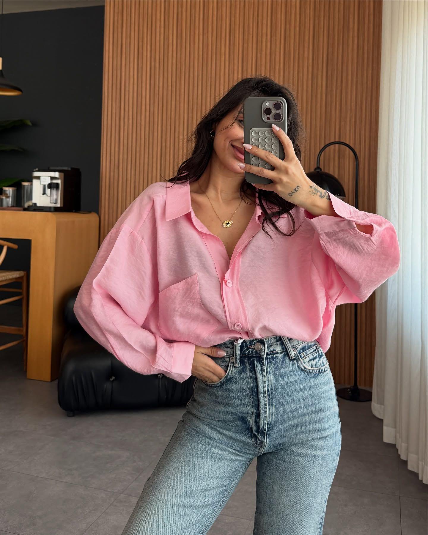 

Летняя женская рубашка свободного кроя с одним карманом и длинными рукавами, с отложным воротником, 2025 M