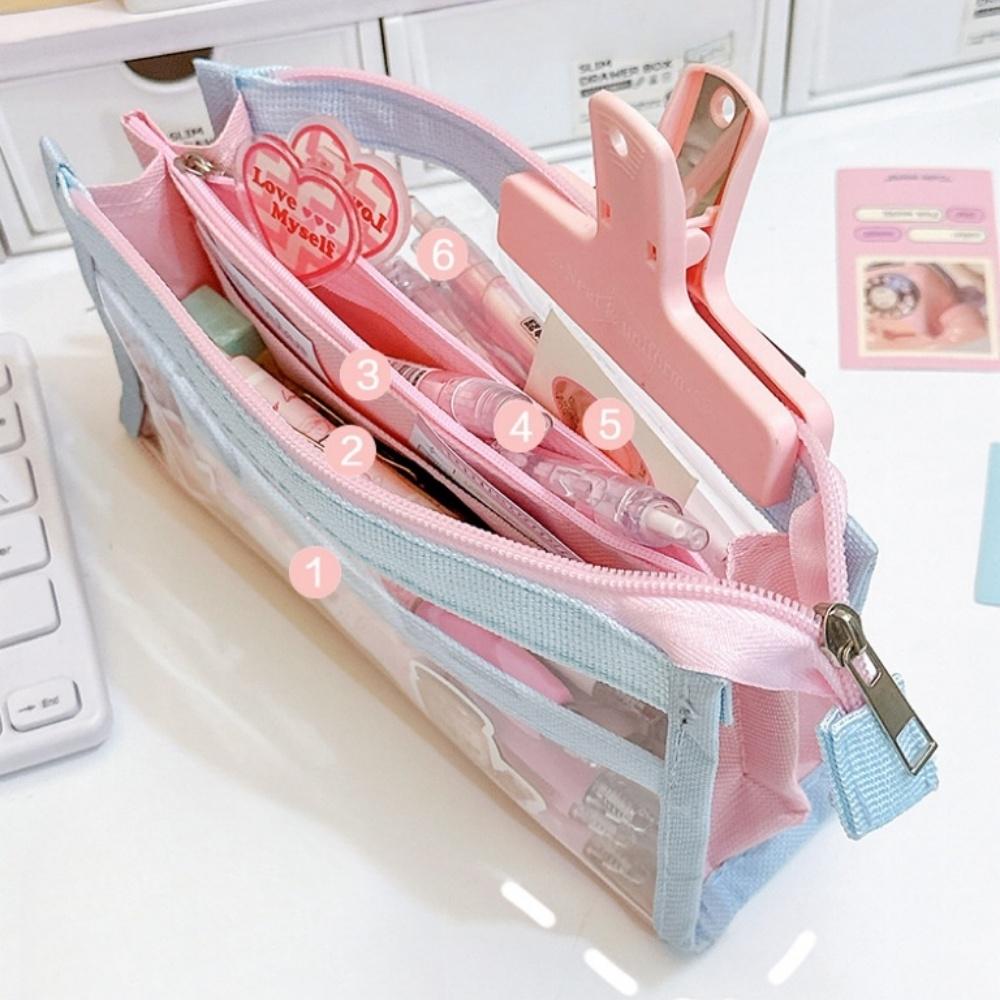 1 st Color Block Transparent PVC Pennskrin Penförvaringspåse för Prov Söta Färger Stor Kapacitet Flerlagers Kontorsmaterial