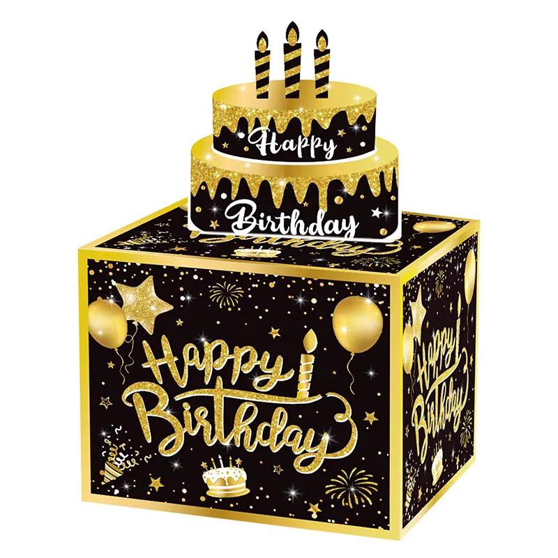 

Birthday Money Box For Cash Gift Pull Black And Golden Banknote Roll-up Surprise Box Party Decoration With Cake Card For Friends as picture