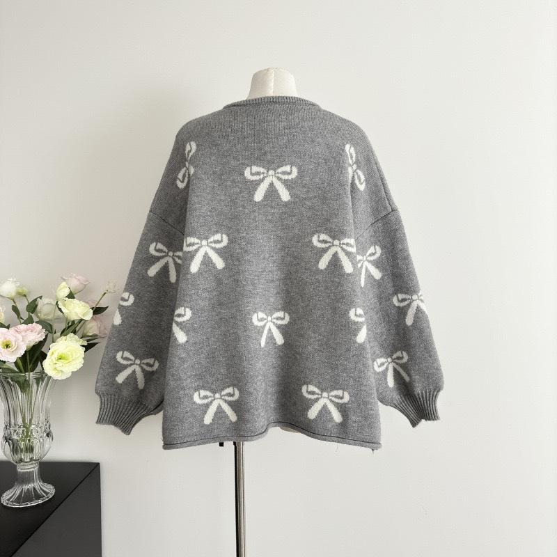 Damen Lockerer Rundhals Schleife Perlenbesetzter Pullover Jacke Herbst- und Winterdesign Altersreduzierender Cardigan Top