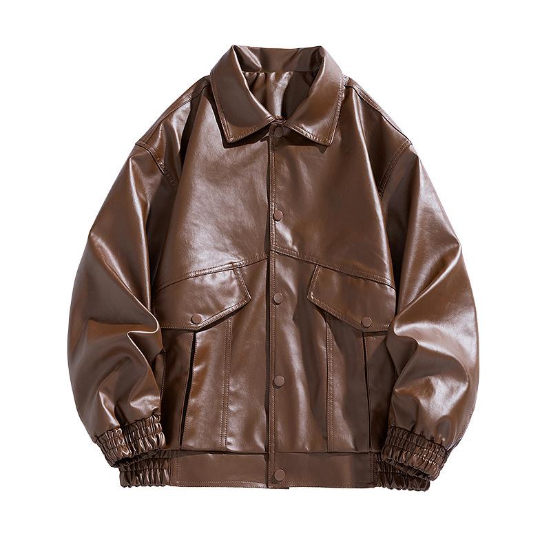 New PU leather men's lapel collar American leather jacket trendy men's casual jacket trendy Hong Kong style coat wide