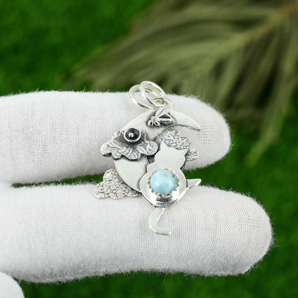 Round Natural Larimar Unique Anniversary New Engagement Pendant Sterling Silver