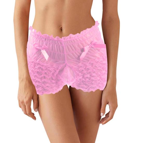 Men Sexy High Waist Underwear Mesh Lace Shorts Panties with Bowknot Decor Solid