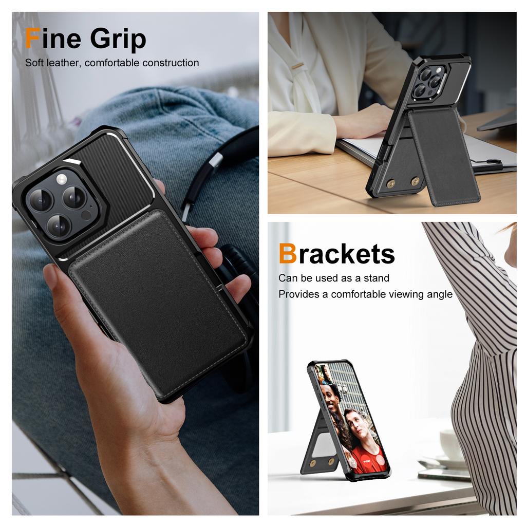 For iPhone 16 Pro Case Card Slot Kickstand PU+TPU Phone Cover