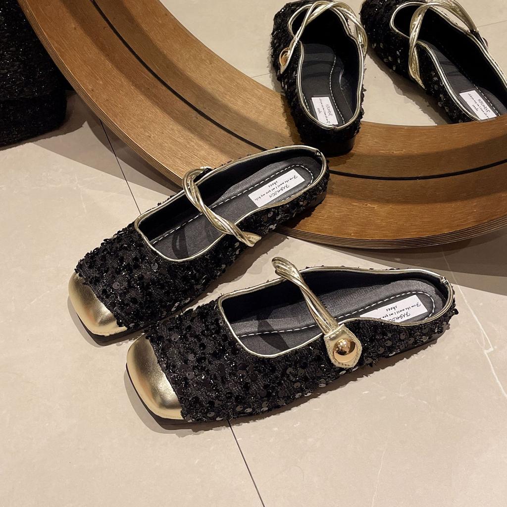 Sequined Gold Bag Head Half Slippers Women's Spring and Autumn Temperament Mary Jane Single Shoes Women's Shoes