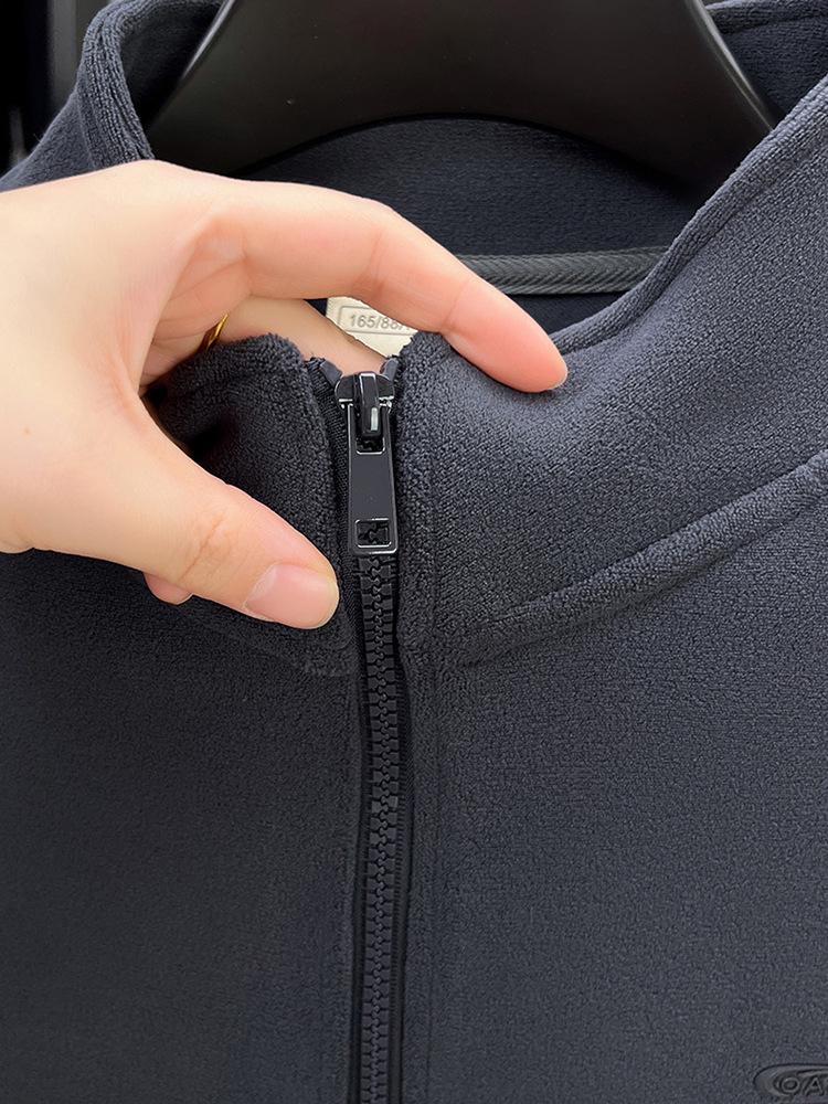 - "Warm Wool Sherpa Fleece Half-Zip Sweatshirt with Stand Collar - Double-Sided Velvet for Autumn/Winter"