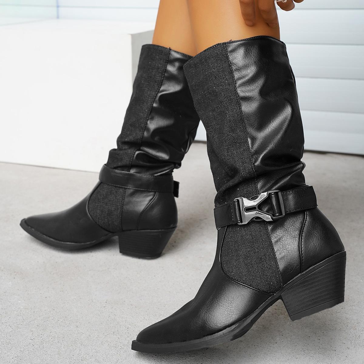 

British style pointed belt buckle Martin boots women s 2025 autumn and winter new contrasting color thick heel knight boots thick heel medium boots 36 чёрный