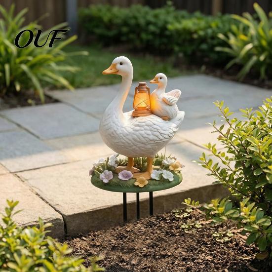 Outdoor Lawn Ornament Decorative Acrylic Duck Ground Stake for Garden Decor, Weather Resistant 2D Flat Parent Sign And Child Yard with Metal