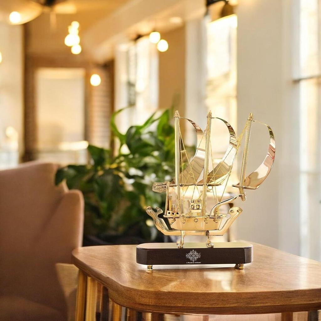 Brass Ship Showpiece with Wooden Base, Handmade Decorative Sailing Boat for Home Decor, Office Table, Gift Item, Art Figurine