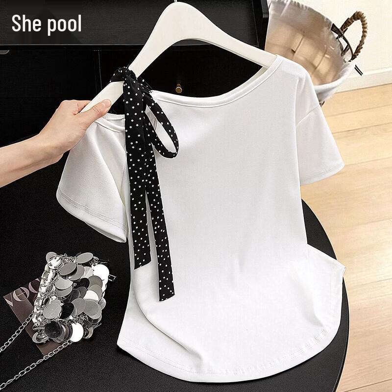 Women s Polka Dot Ribbon One-Shoulder Short Sleeve T-Shirt XL