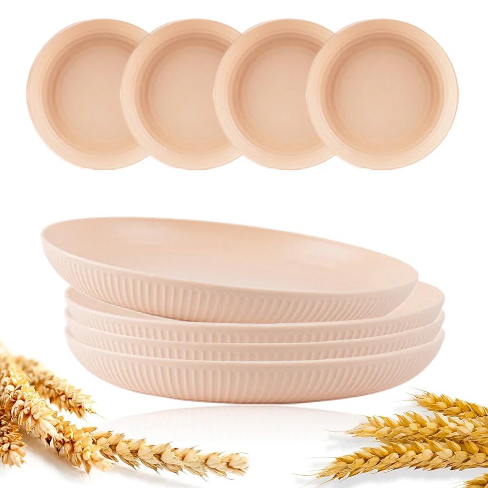 8Pcs Wheat Straw Plates Reusable Baby Feeding Dishes Salad Snack Fruit Plate Picnic Dishes Unbreakable Kitchen Dinnerware