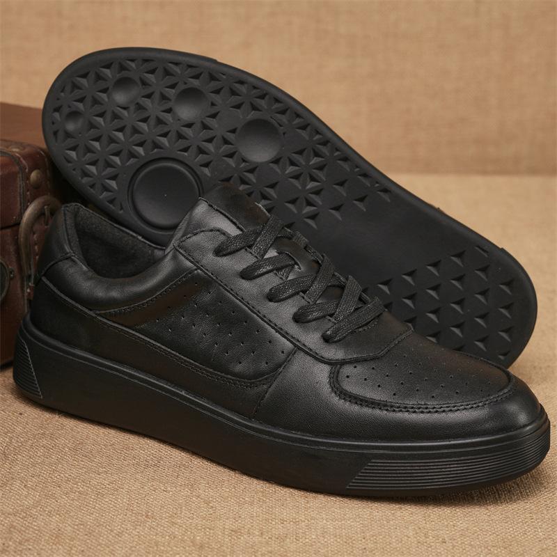 Trendy Leather Black Sneakers for Men's Casual Leather Shoes Height Increasing Thick Soled Small Black Shoes Low Top Casual Sneakers