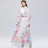 Spring Autumn Long Lantern Sleeve Single-breasted Shirt Dress for Women Vintage Turn Down Neck Floral Print Single Breasted Belt Slim Maxi Dress