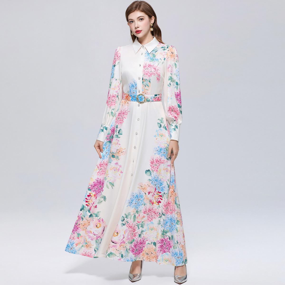 Spring Autumn Long Lantern Sleeve Single-breasted Shirt Dress for Women Vintage Turn Down Neck Floral Print Single Breasted Belt Slim Maxi Dress S белый