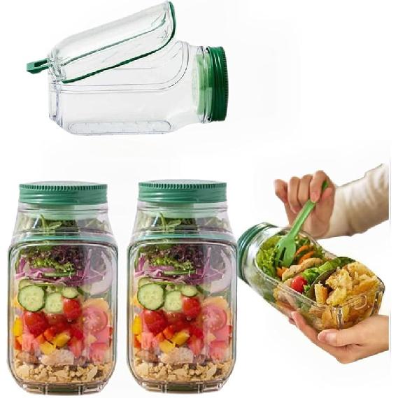 Salad Jar with Side Opening, Mason Jar Salad Container for Lunch with Dressing Compartment, Leak-Proof Portable Pod Jar, Microwave & Dishwasher Safe