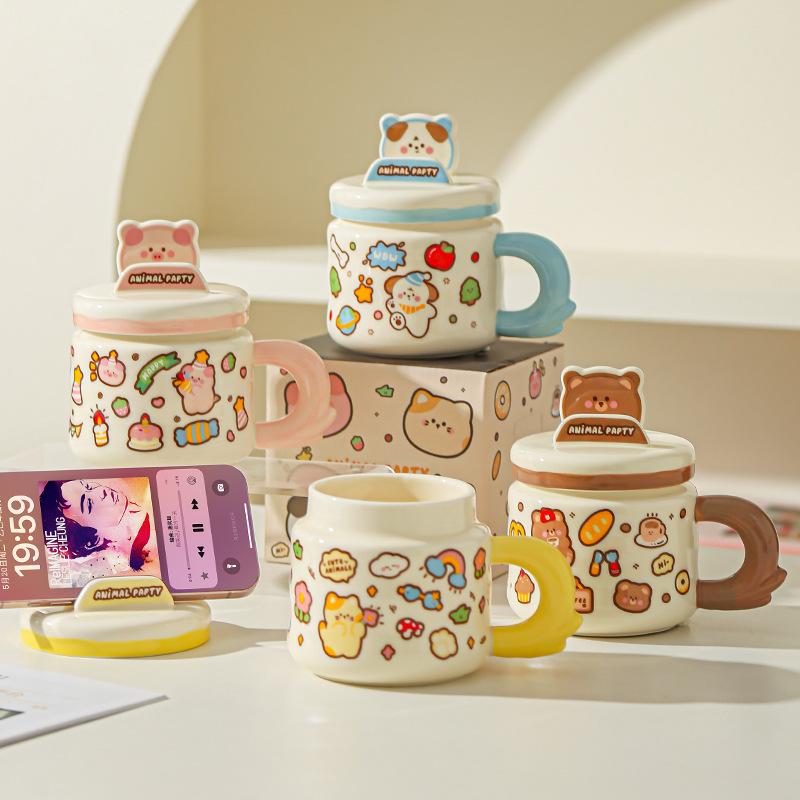 Cute Cartoon Cute Pet Doodle Animal Mug Office High value Water Cup Mobile Phone Stand Student Ceramic Cup