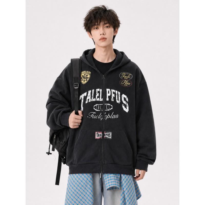 Oversized Vintage American Racing Style Washed Hooded Zip-Up Sweatshirt Men Women Casual Loose Fit