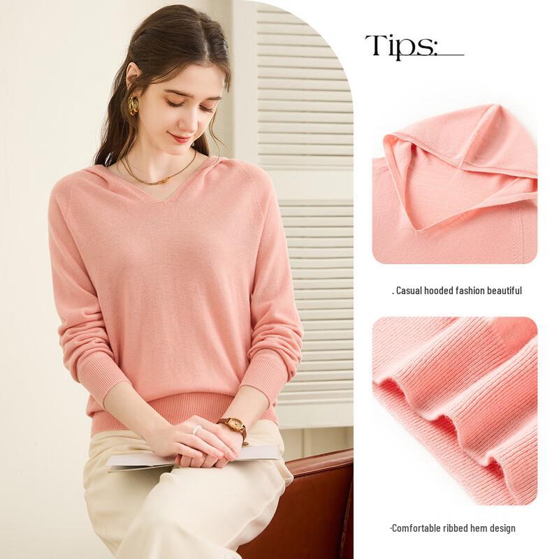 TUHUANG Women's Seamless Pure Wool Speckled Hooded Sweater