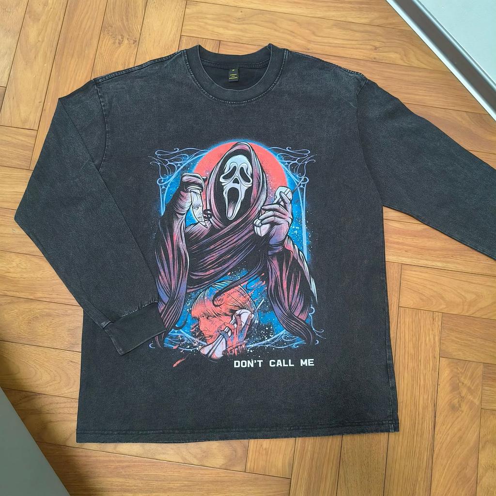 Skull Print Long-Sleeved T-Shirt High Street Trendy Brand Retro Washed Loose Cotton Vintage Top T-Shirt Men