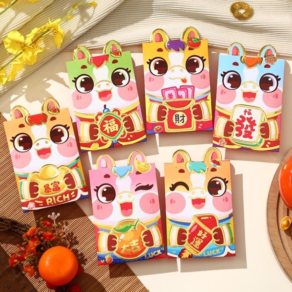 6pcs Red Color Chinese Red Envelopes Cartoon Cartoon Red Packets New Year Red Hongbao  Birthday Gift