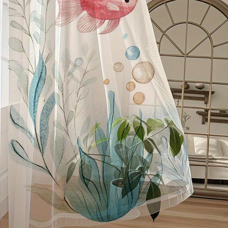 2PCS Digital Printing Sheer Curtain, Watercolor Ocean Fish Seaweed Pattern, Cute Cartoon Nautical Kids Bedroom Home Decor