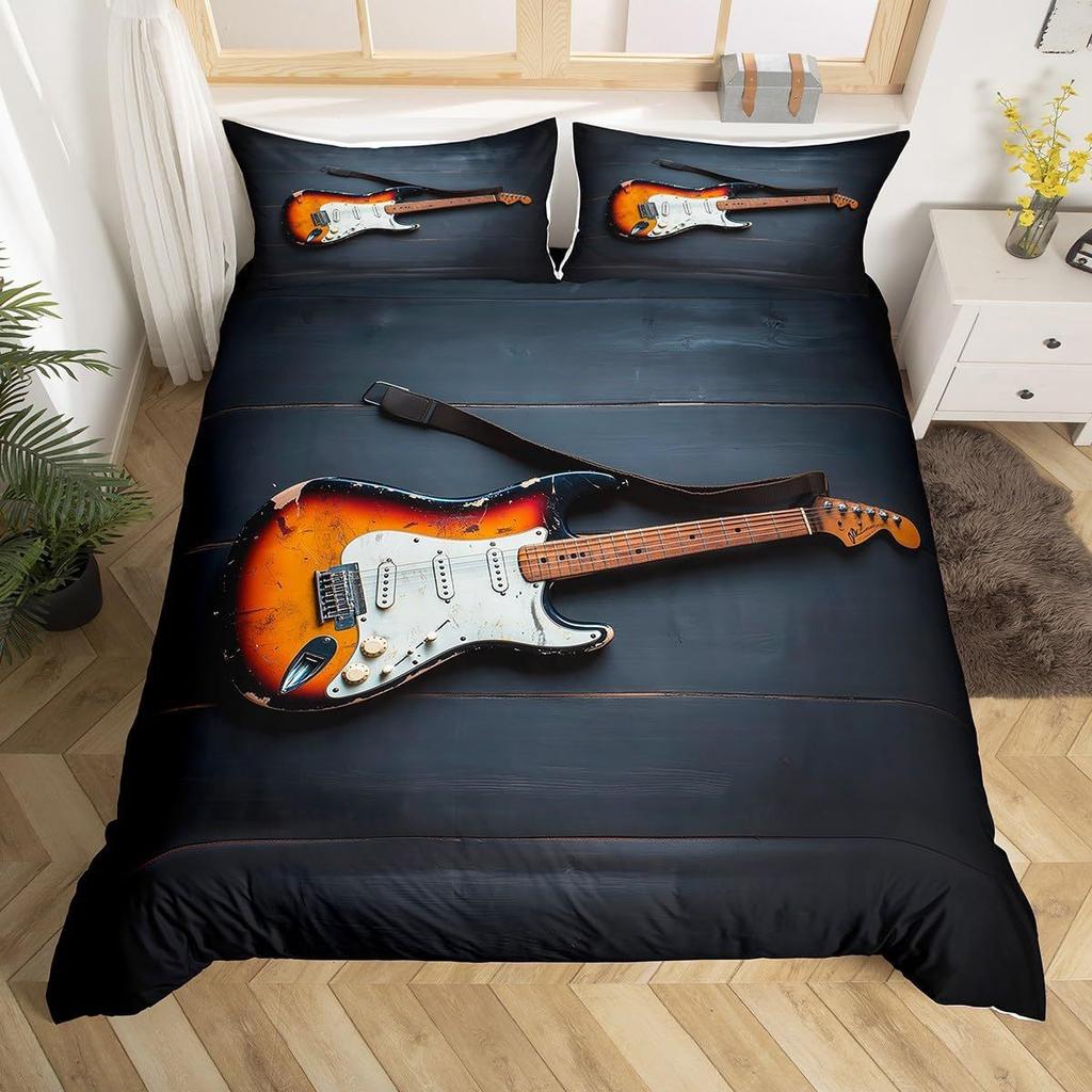 Retro guitar wood grain three-piece duvet cover 3D digital printing bedding home textile